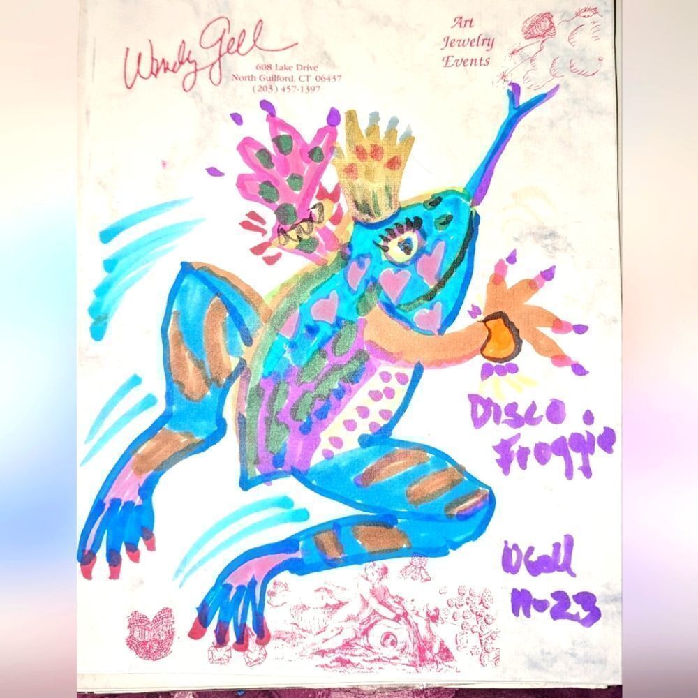 Wendy Gell art drawing. Disco froggy! Colorful markers on paper signed.